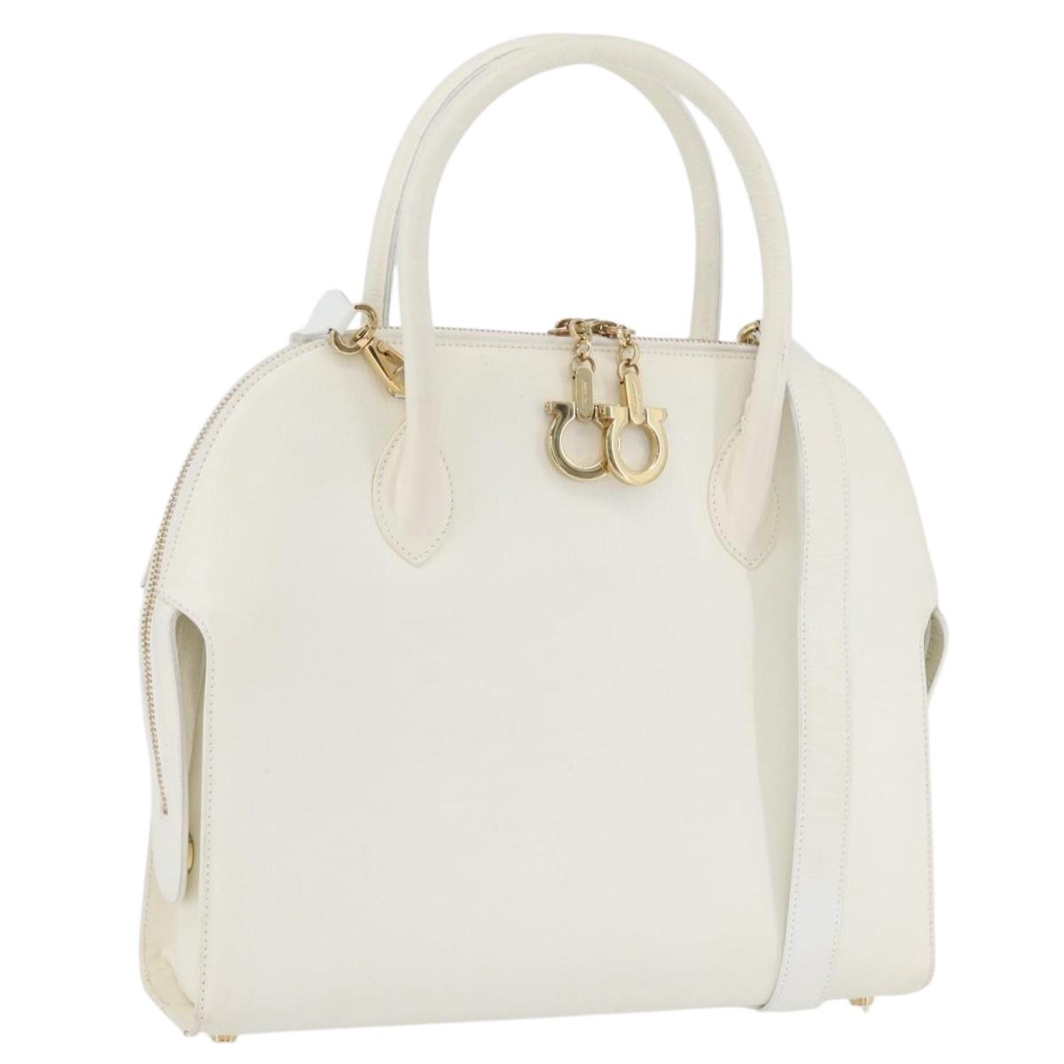 Salvatore Ferragamo Gancini Hand Bag Leather 2way White Gold Auth LNZ206