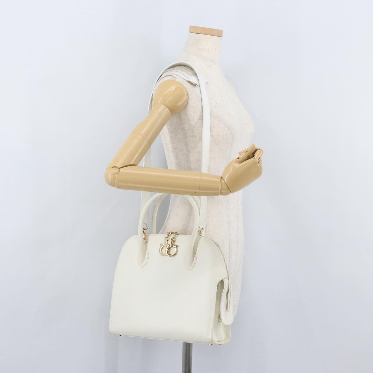 Salvatore Ferragamo Gancini Hand Bag Leather 2way White Gold Auth LNZ206