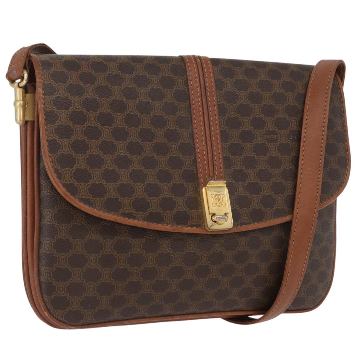 CELINE Macadam Canvas Shoulder Bag PVC Leather Brown Gold Auth LNZ224