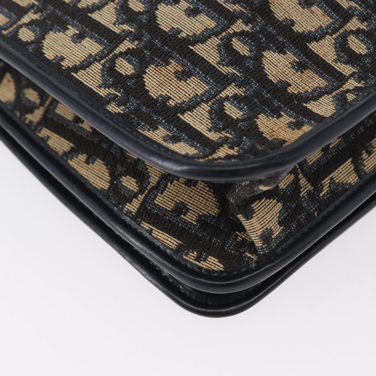 Christian Dior Trotter Canvas Chain Shoulder Bag Navy Gold Auth LNZ261