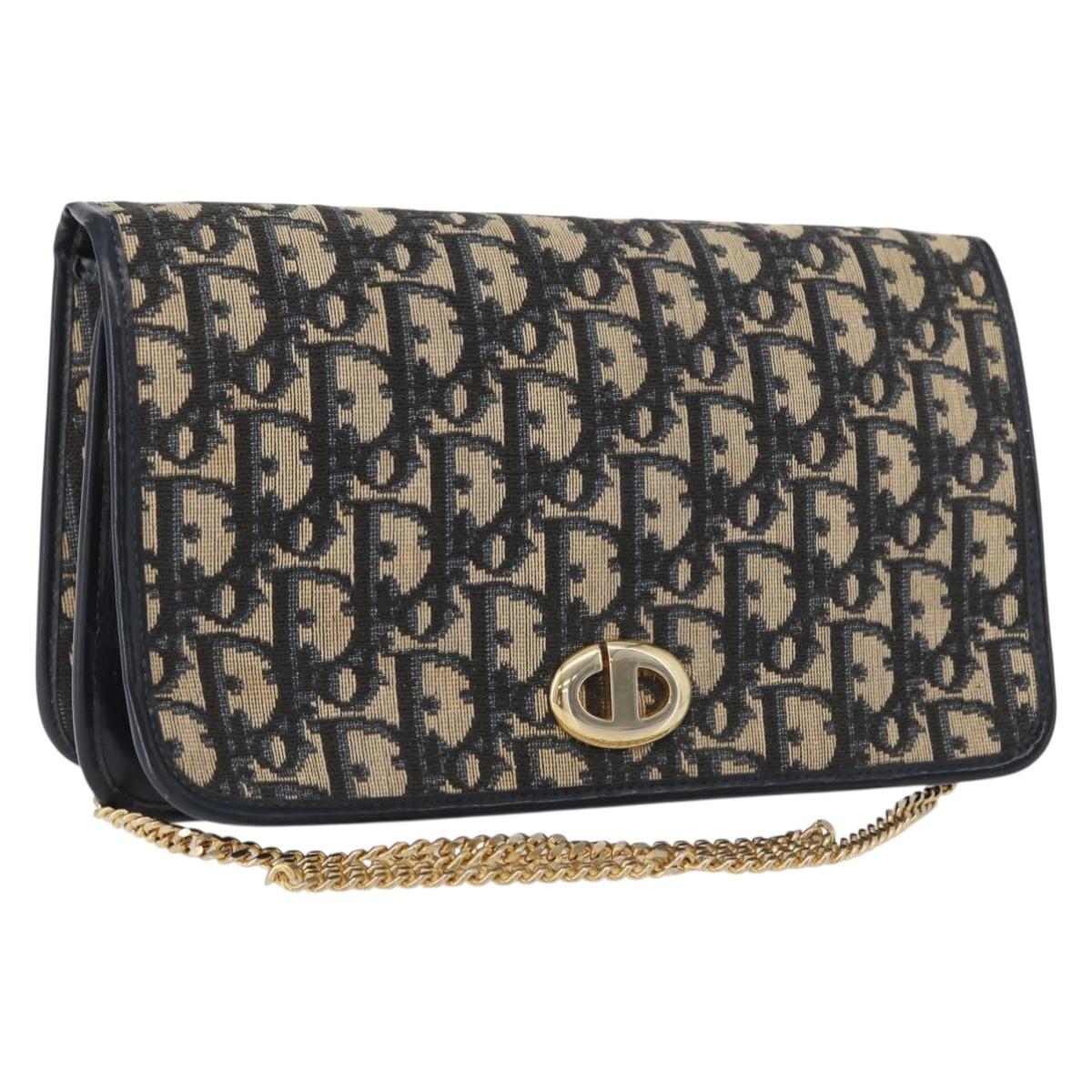 Christian Dior Trotter Canvas Chain Shoulder Bag Navy Gold Auth LNZ261