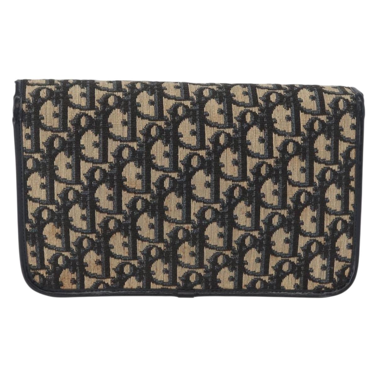 Christian Dior Trotter Canvas Chain Shoulder Bag Navy Gold Auth LNZ261