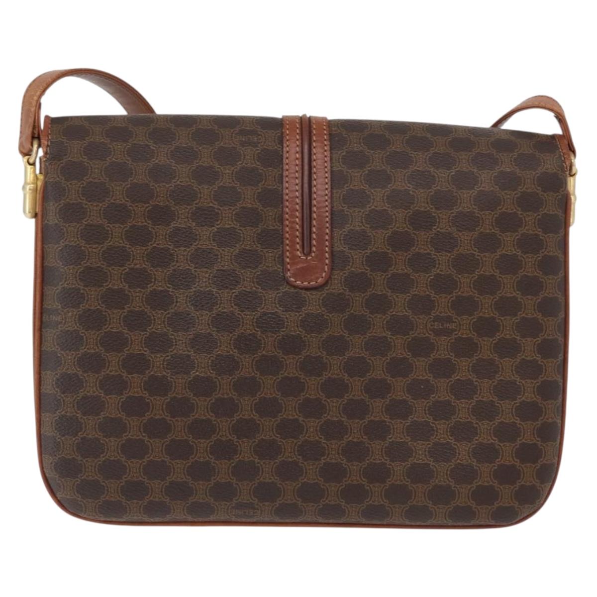 CELINE Macadam Canvas Shoulder Bag PVC Leather Brown Gold Auth LNZ270