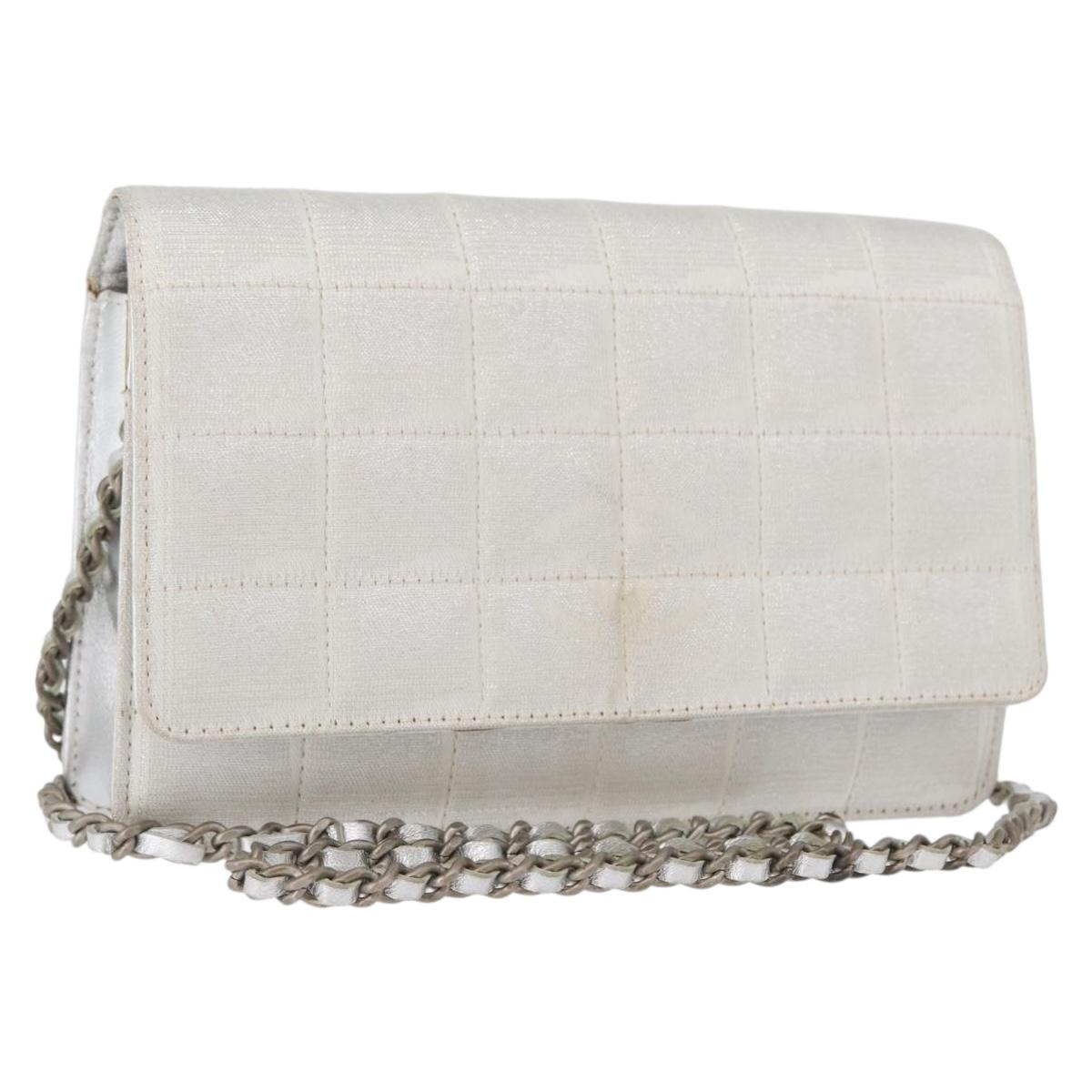 CHANEL New Travel Line Choco Bar Chain Shoulder Bag Nylon Silver CC Auth LNZ273A