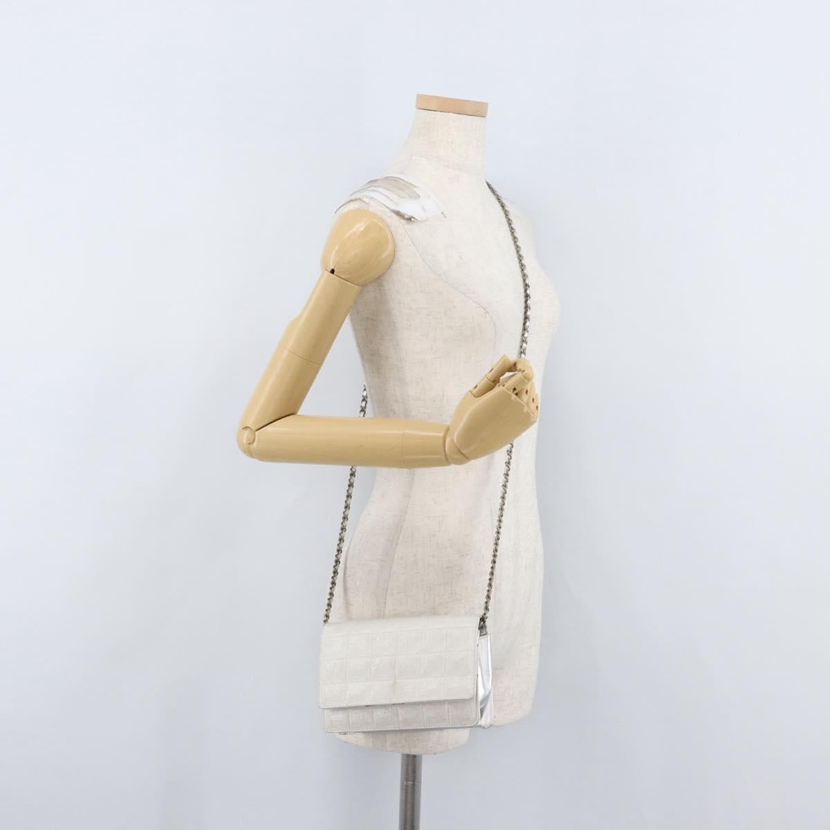 CHANEL New Travel Line Choco Bar Chain Shoulder Bag Nylon Silver CC Auth LNZ273A