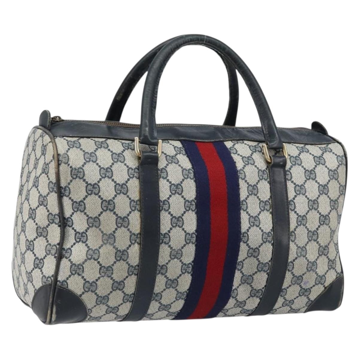 GUCCI GG Supreme Sherry Line Boston Bag PVC Navy Gold Auth LNZ318