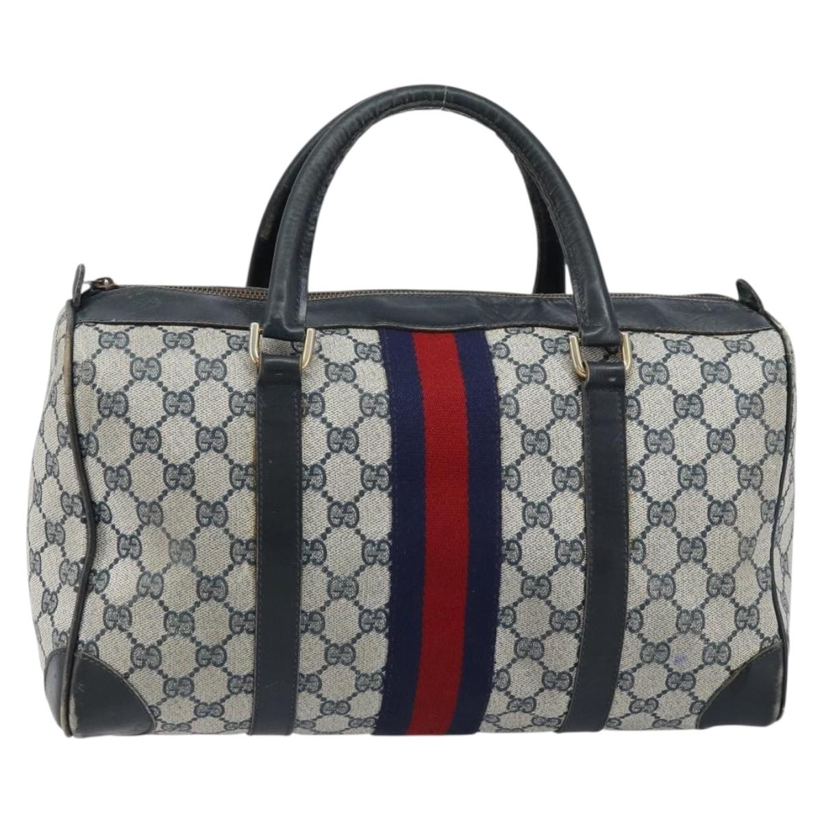 GUCCI GG Supreme Sherry Line Boston Bag PVC Navy Gold Auth LNZ318