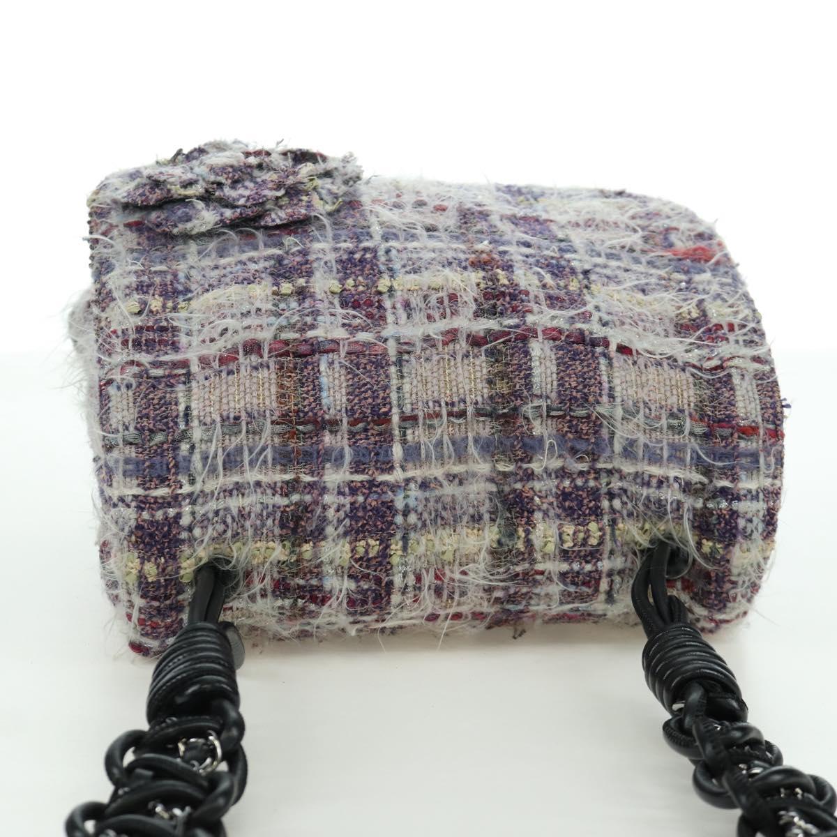 CHANEL Chain Camelia Shoulder Bag Tweed Purple Silver CC Auth LNZ320SAv