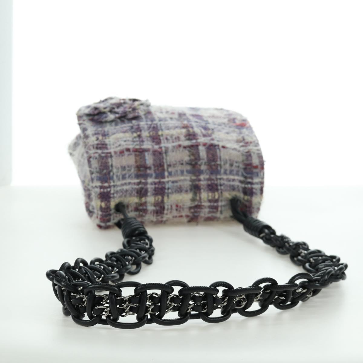 CHANEL Chain Camelia Shoulder Bag Tweed Purple Silver CC Auth LNZ320SAv