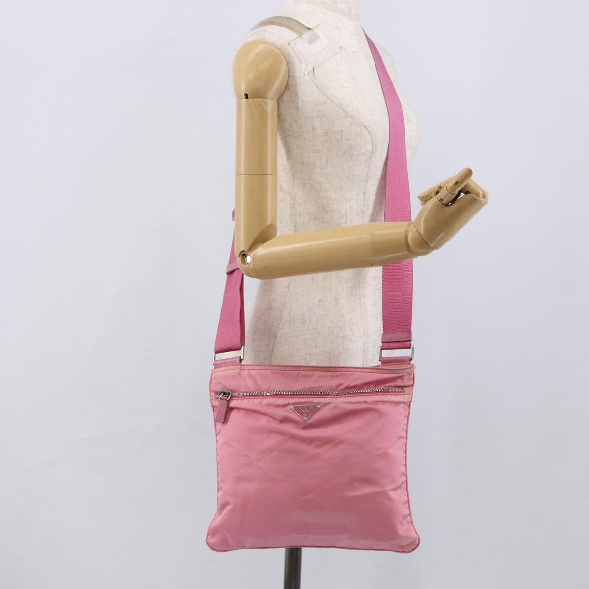 PRADA Shoulder Bag Nylon Leather Pink Silver Auth LNZ333