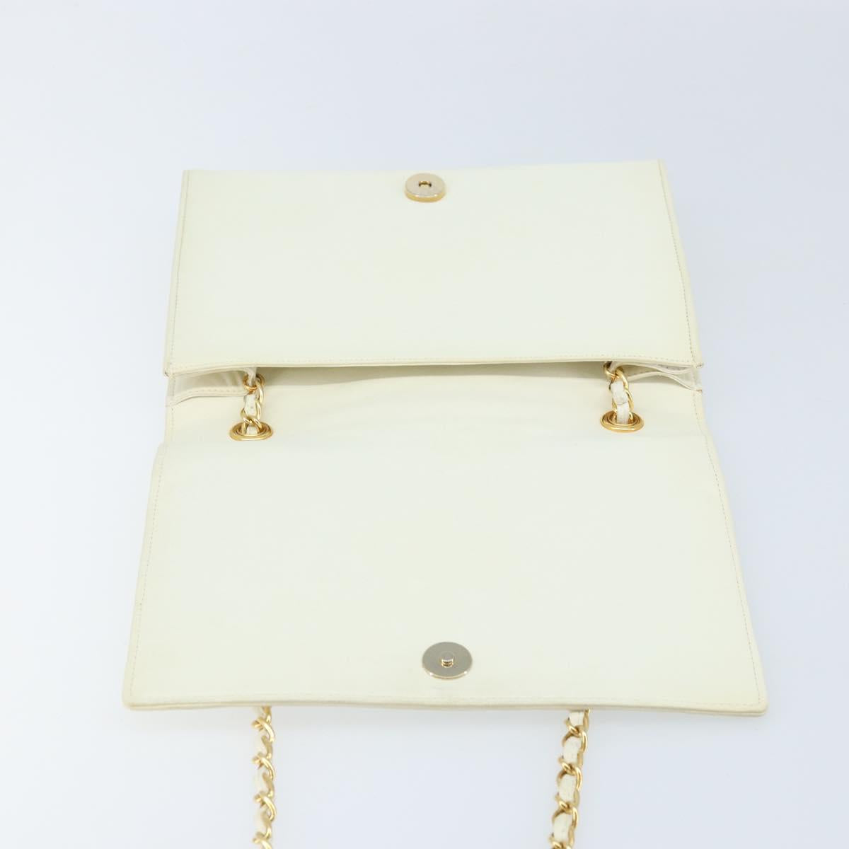 CHANEL Matelasse Chain Shoulder Bag Lamb Skin White Gold CC Auth LNZ336A
