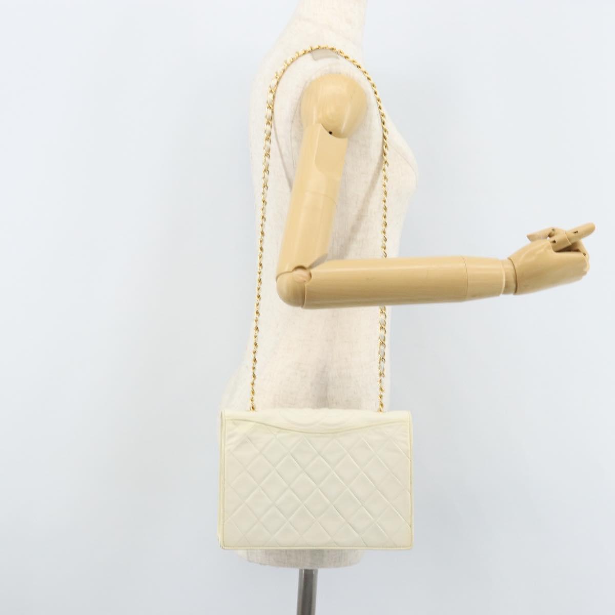 CHANEL Matelasse Chain Shoulder Bag Lamb Skin White Gold CC Auth LNZ336A