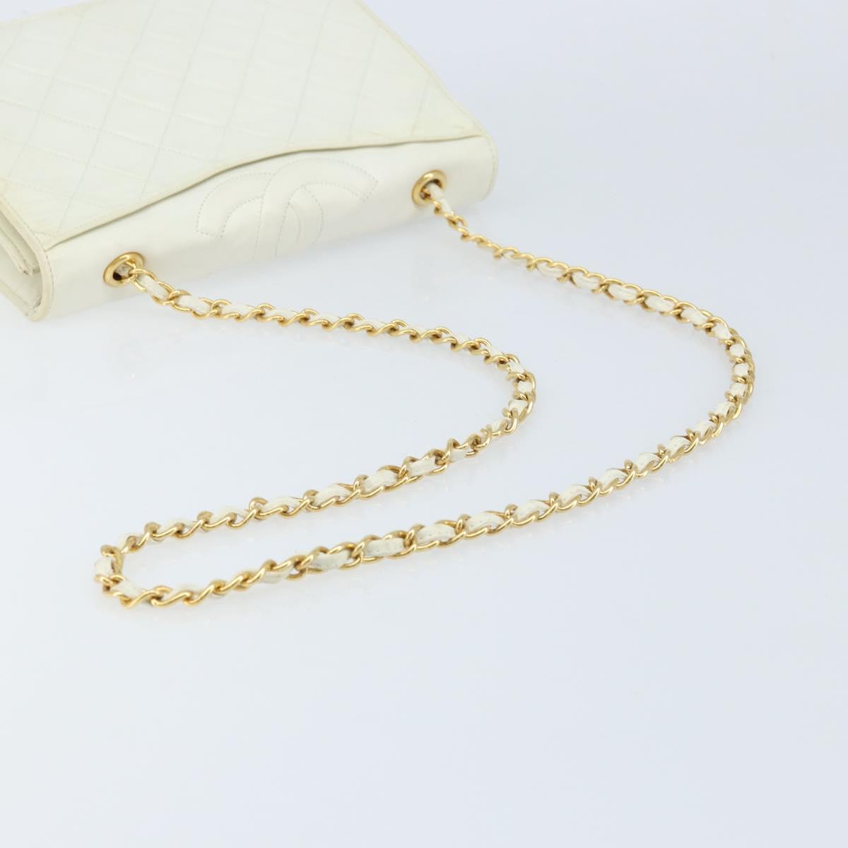 CHANEL Matelasse Chain Shoulder Bag Lamb Skin White Gold CC Auth LNZ336A