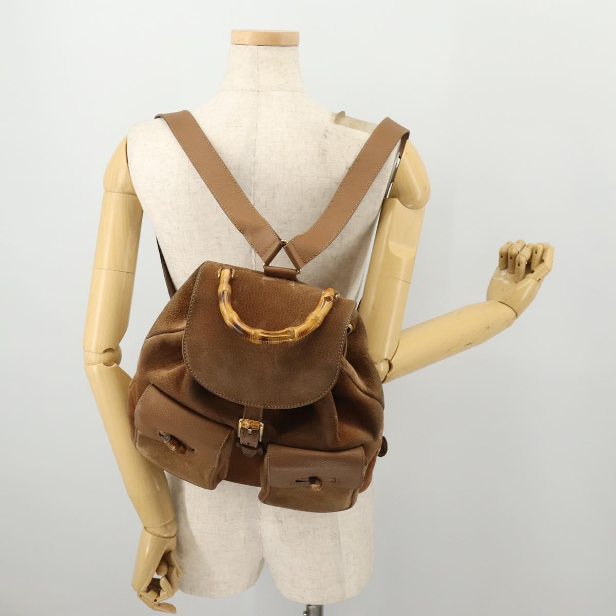 GUCCI Bamboo Backpack Suede Brown Gold 003 2058 0016 Auth LNZ352