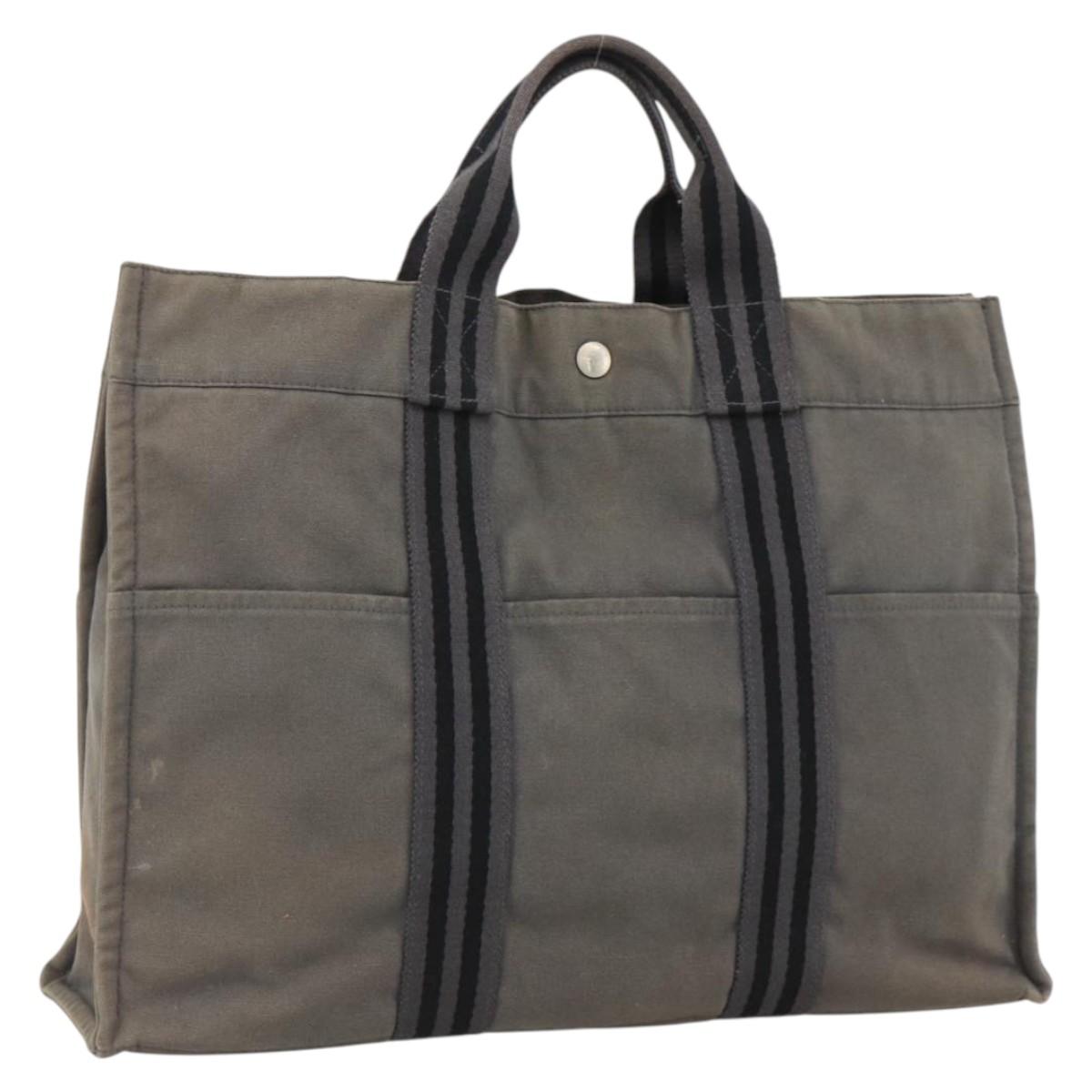 HERMES Fourre Tout MM Hand Bag Canvas Gray Silver Auth LNZ390