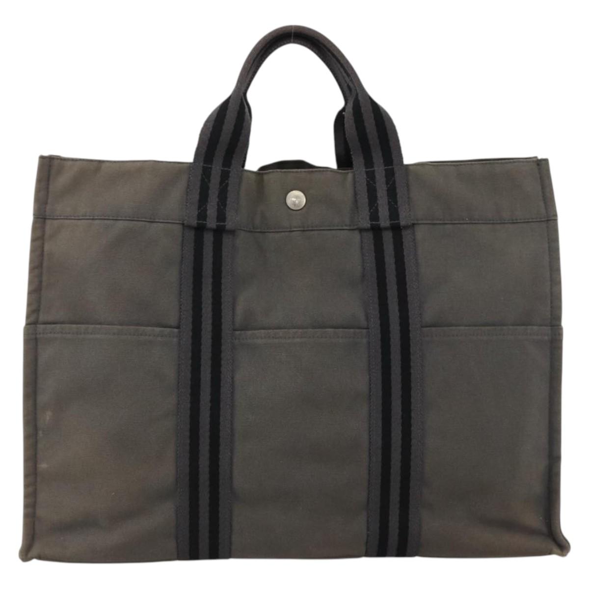 HERMES Fourre Tout MM Hand Bag Canvas Gray Silver Auth LNZ390