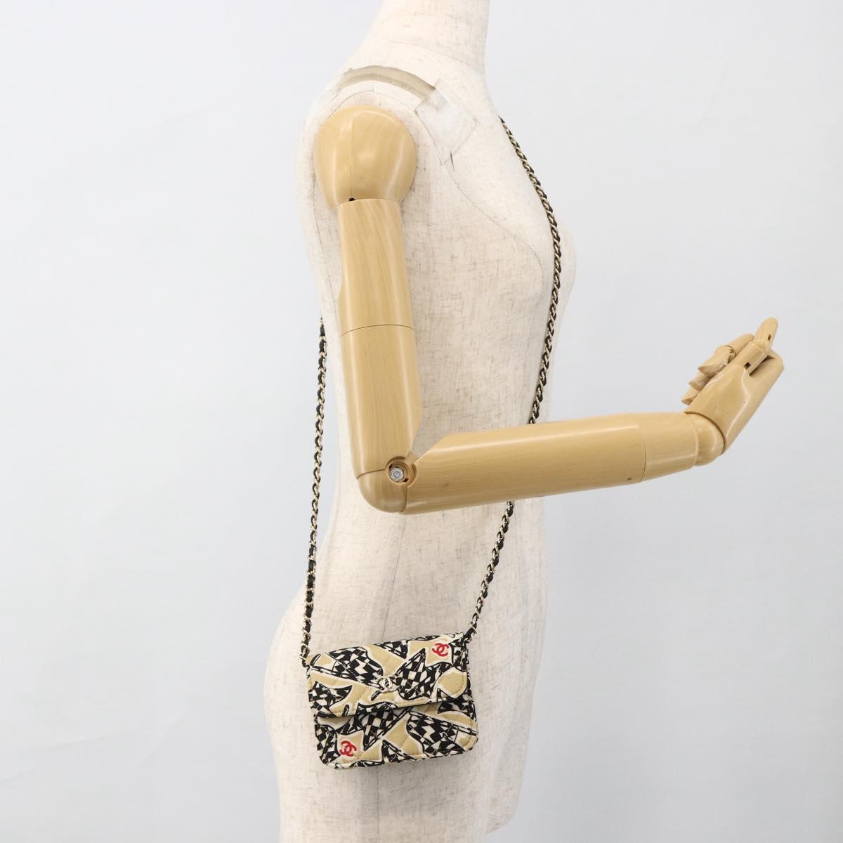 CHANEL Chain Mini Matelasse 12 Shoulder Bag Satin Beige Gold CC Auth LNZ395M