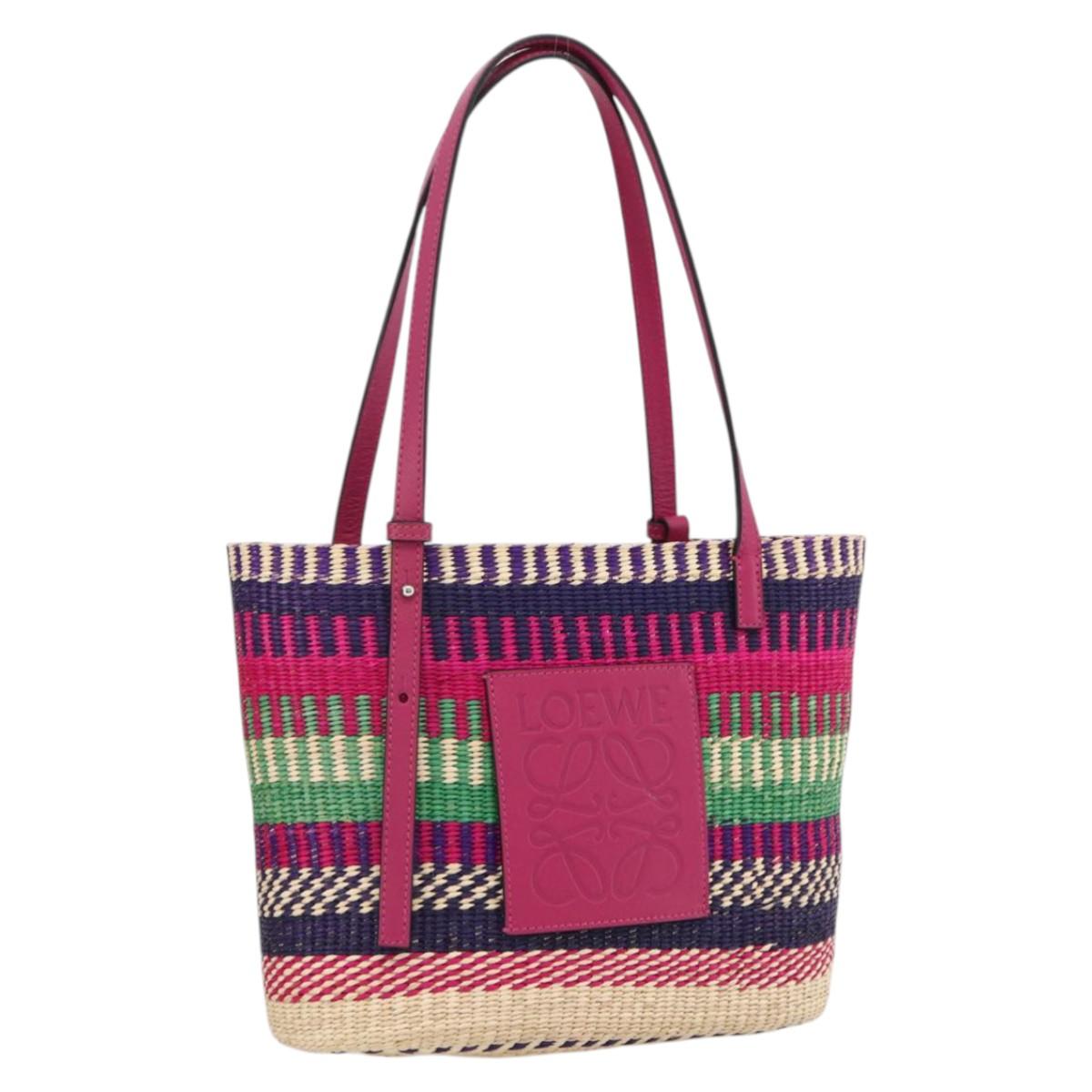 LOEWE Anagram Tote Bag Raffia Leather Pink Multicolor Auth LNZ404SAM