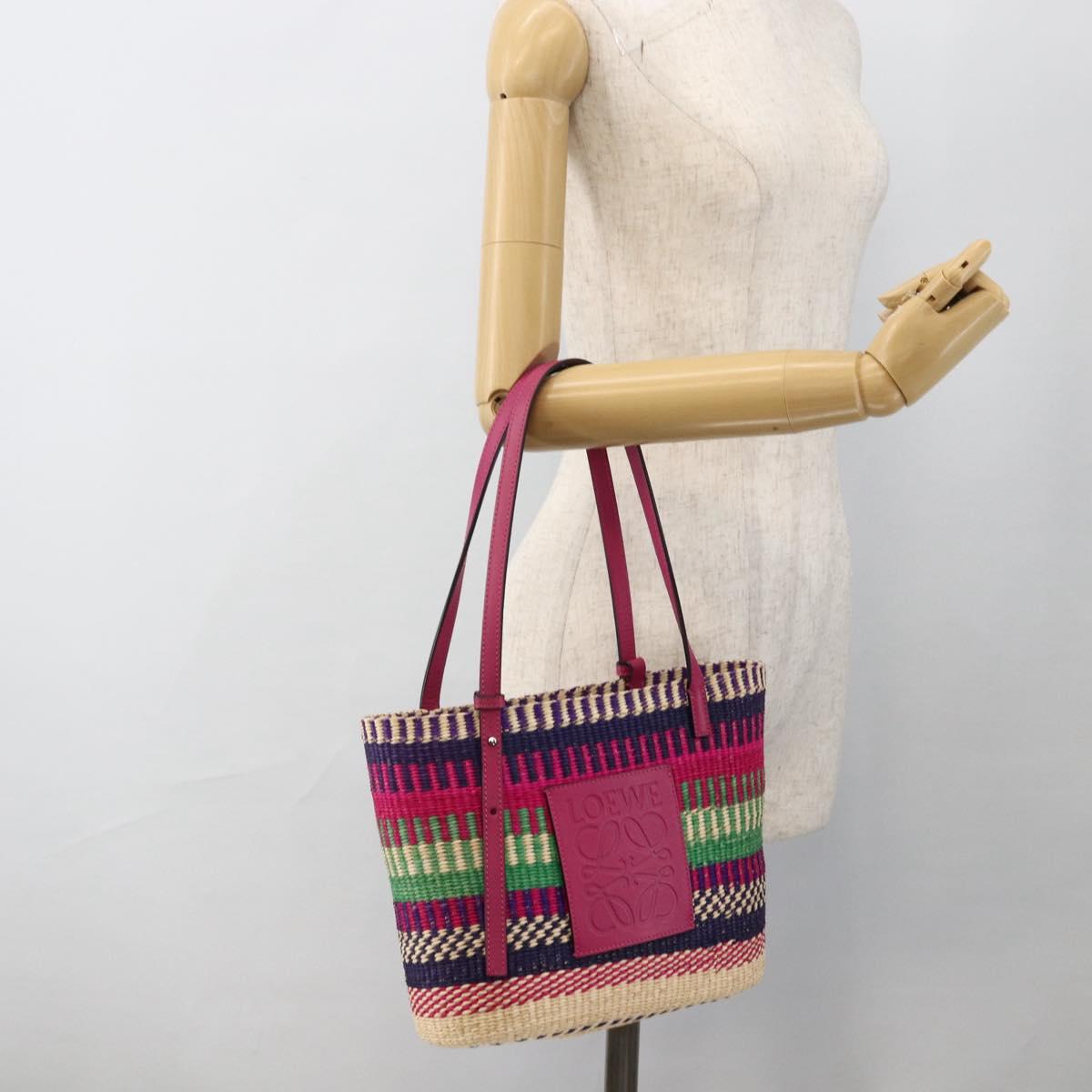 LOEWE Anagram Tote Bag Raffia Leather Pink Multicolor Auth LNZ404SAM