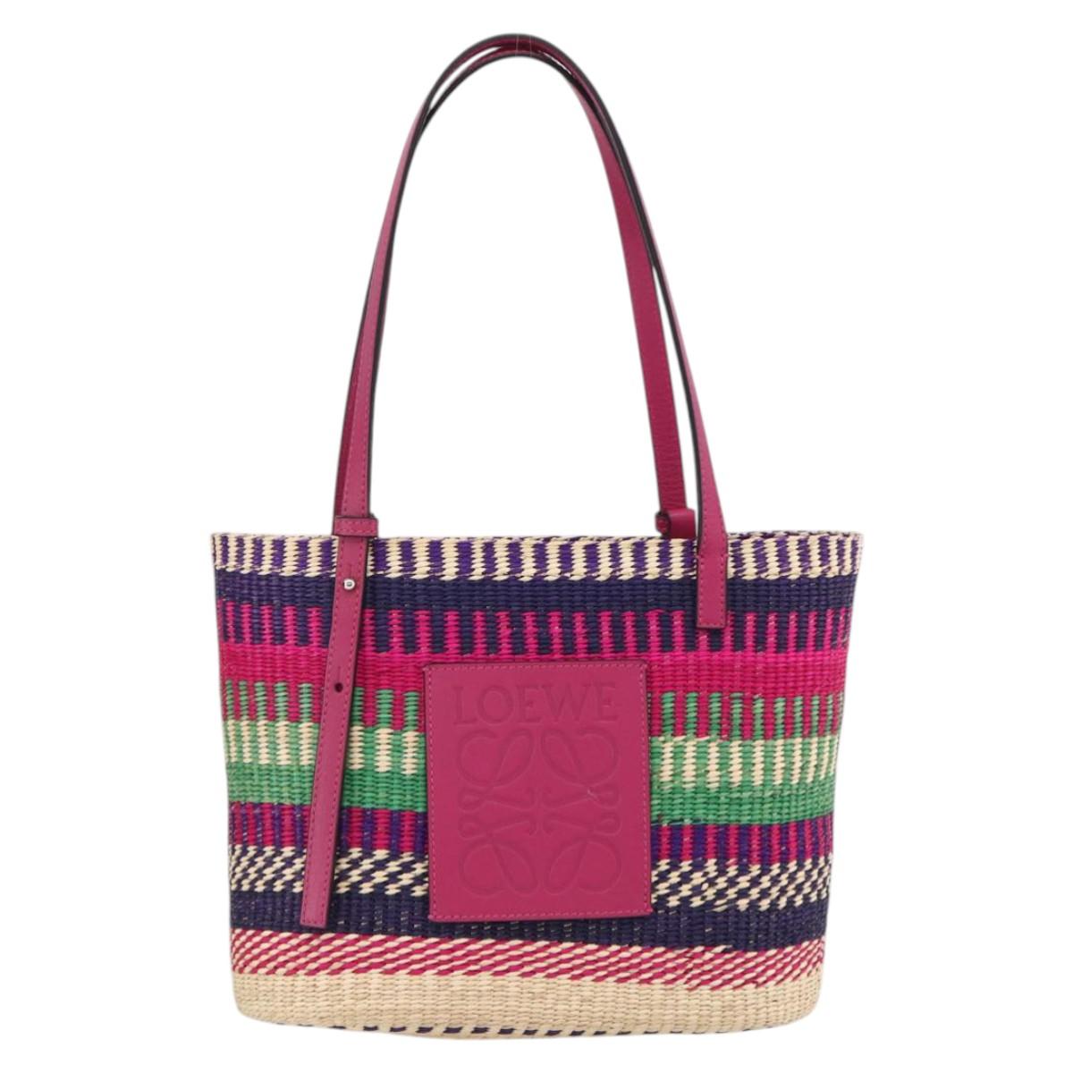 LOEWE Anagram Tote Bag Raffia Leather Pink Multicolor Auth LNZ404SAM