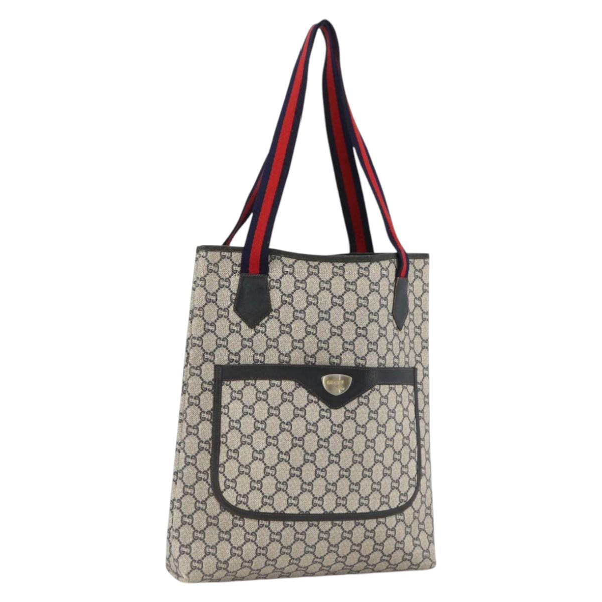 GUCCI GG Plus Supreme Sherry Line Tote Bag PVC Navy Gold Auth LNZ421