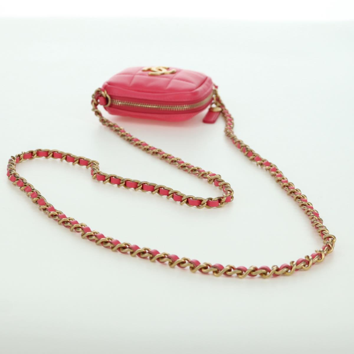 CHANEL Choco Bar Chain Shoulder Pouch Lamb Skin Pink Gold CC Auth LNZ440SAM