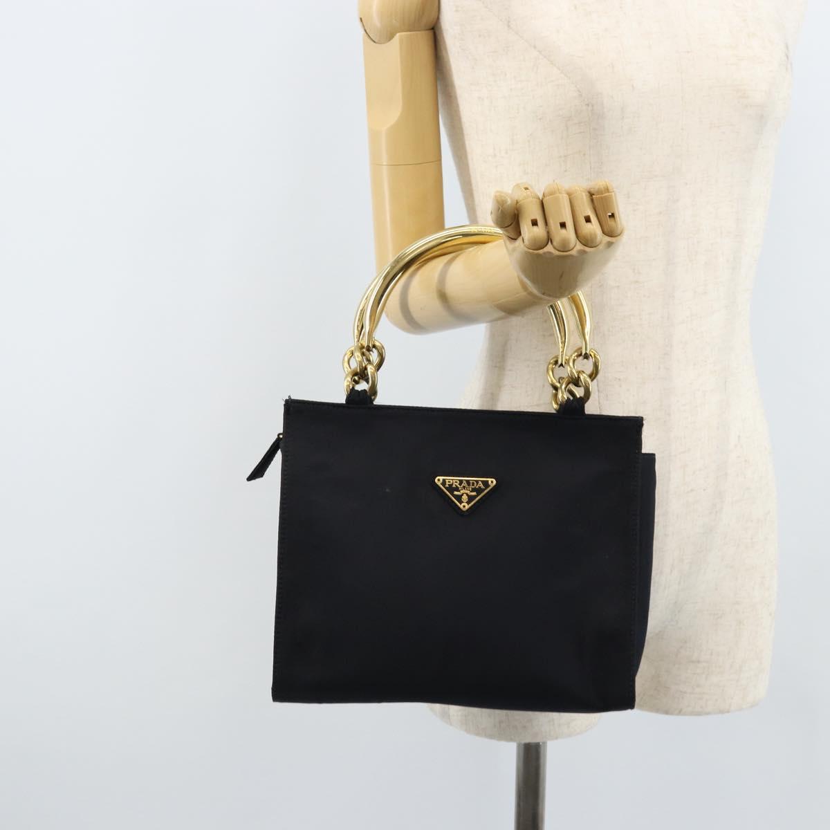 PRADA Metal Handle Hand Bag Nylon Black Gold Auth LNZ454V
