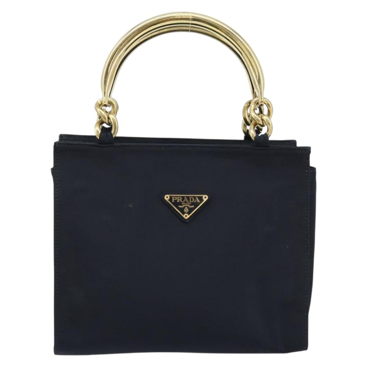 PRADA Metal Handle Hand Bag Nylon Black Gold Auth LNZ454V