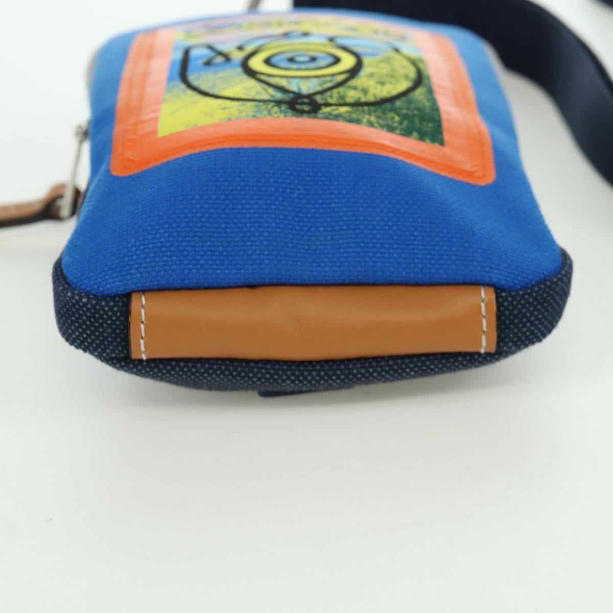 LOEWE Neck Pouch Canvas Blue Silver Auth LNZ470M