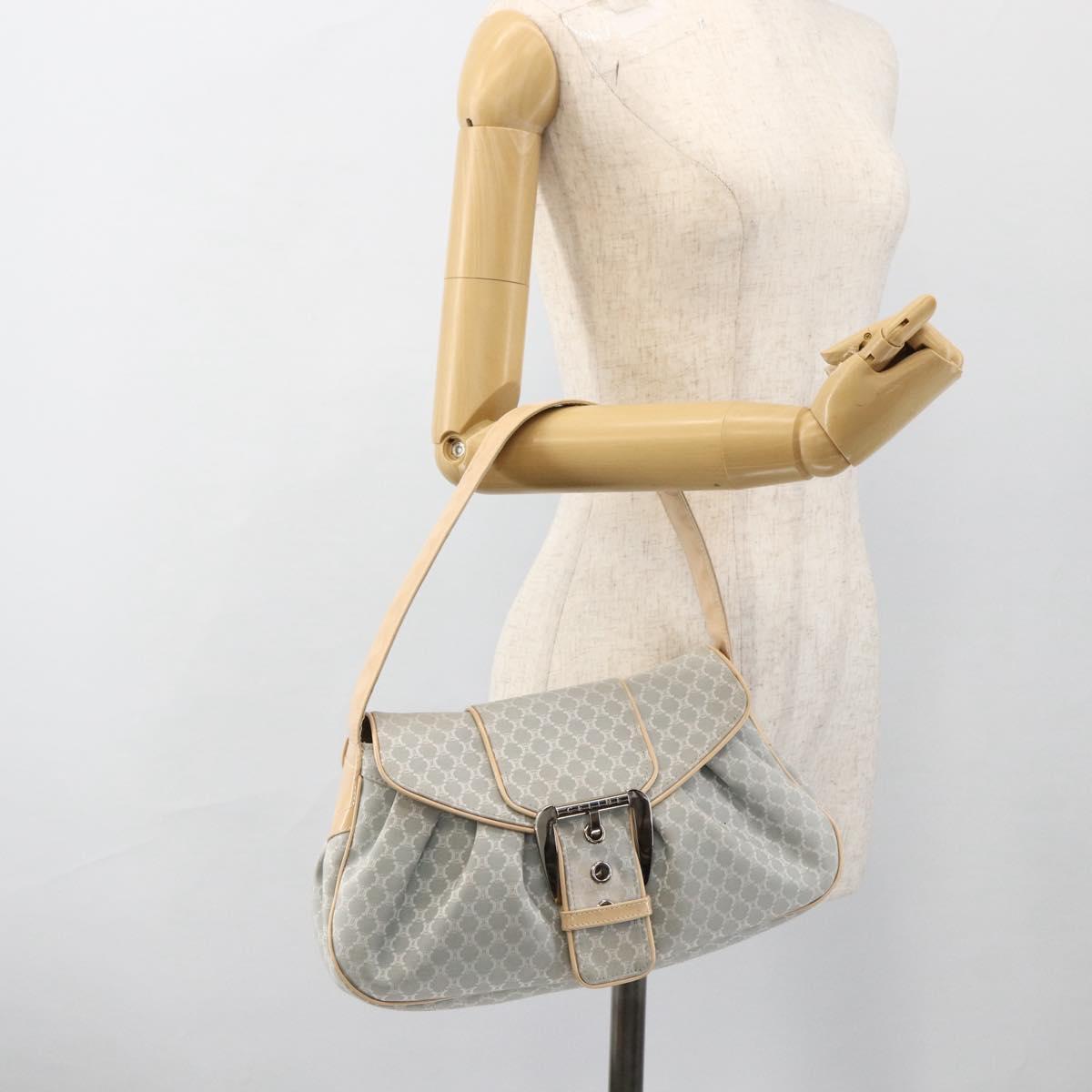 CELINE C Macadam Canvas Shoulder Bag Light Blue Silver Auth LNZ508V
