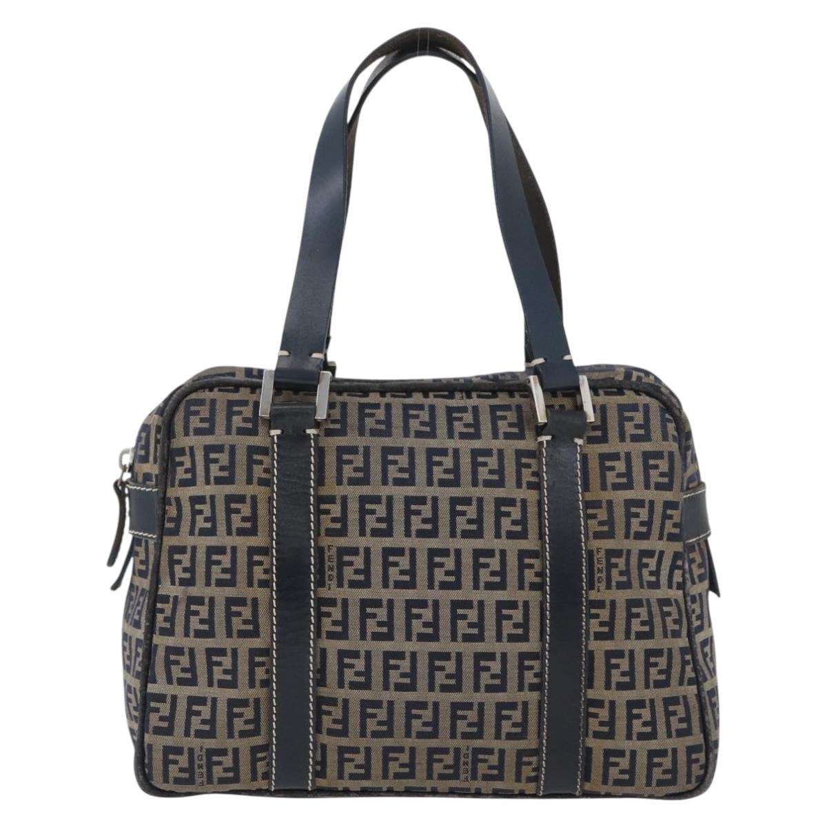 FENDI Zucchino Canvas Hand Bag Navy Silver Auth LNZ529