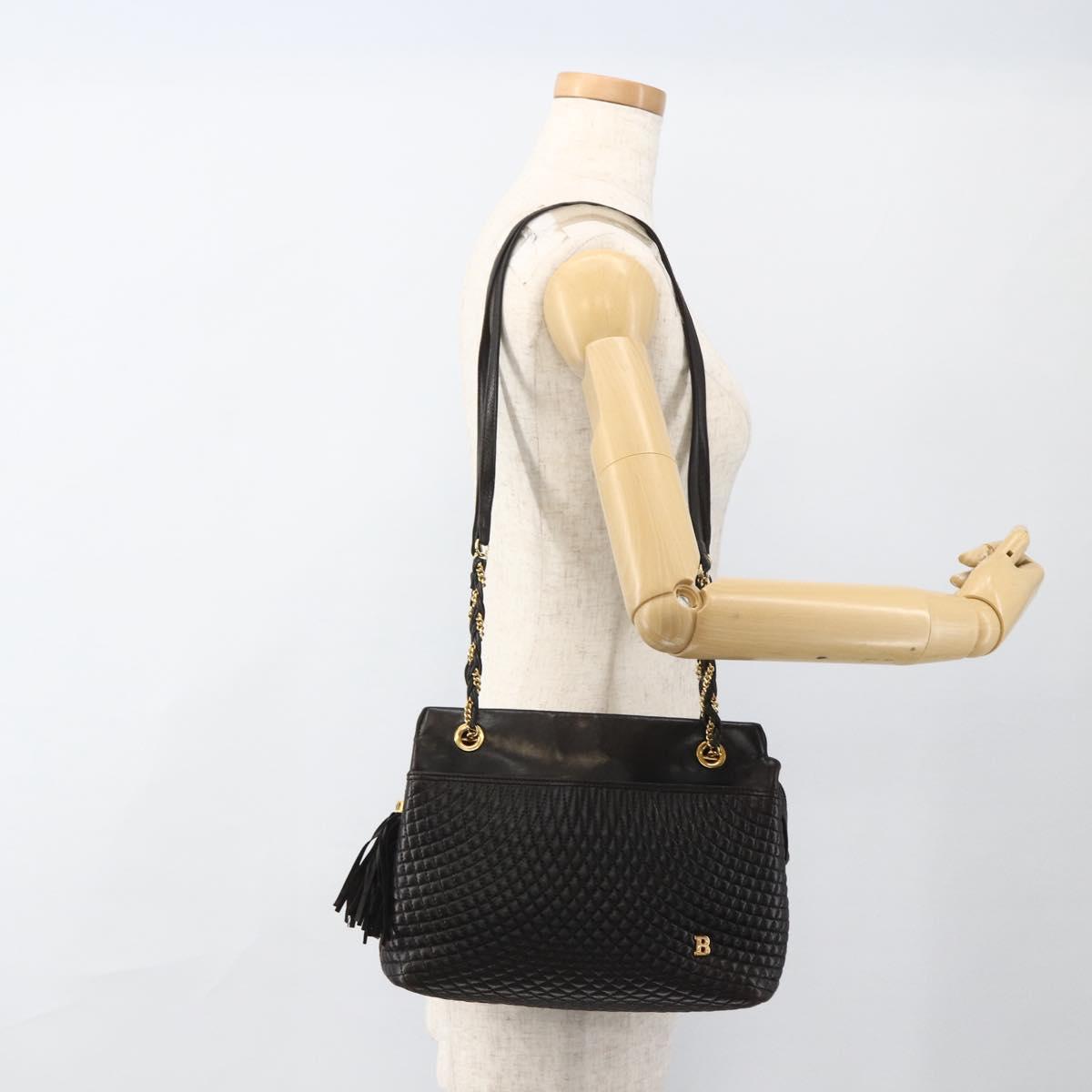 BALLY Chain Shoulder Bag Leather Black Gold Auth LNZ543