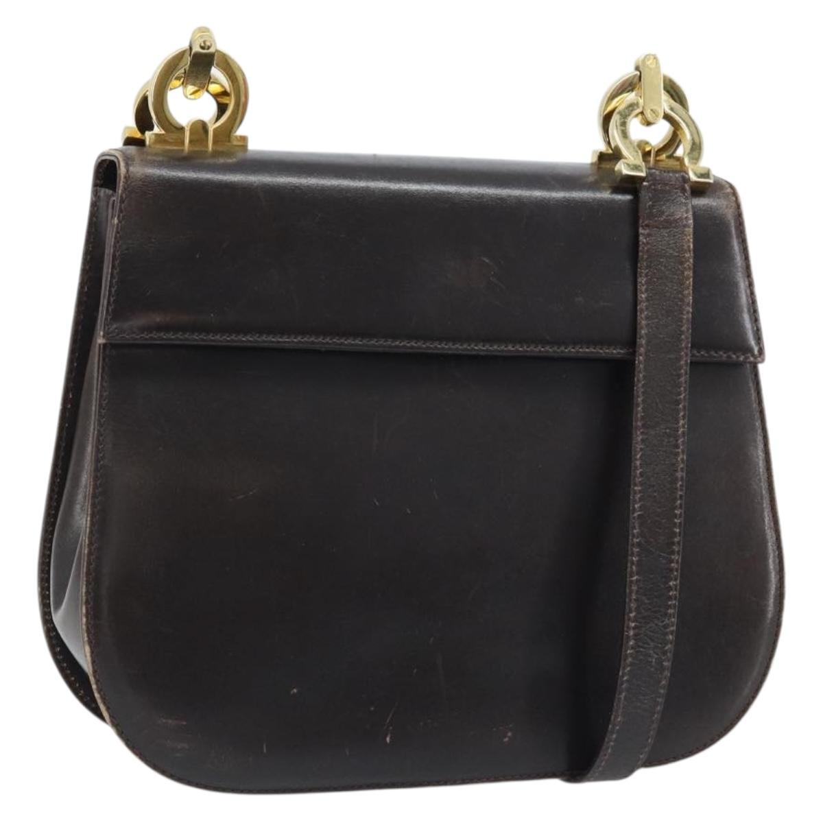 Salvatore Ferragamo Gancini Shoulder Bag Leather Dark Brown Gold Auth LNZ544