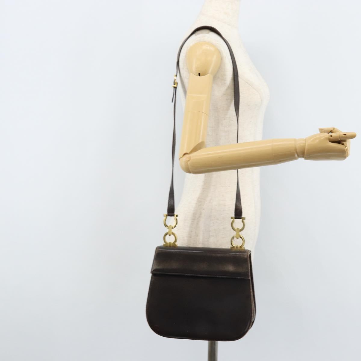 Salvatore Ferragamo Gancini Shoulder Bag Leather Dark Brown Gold Auth LNZ544