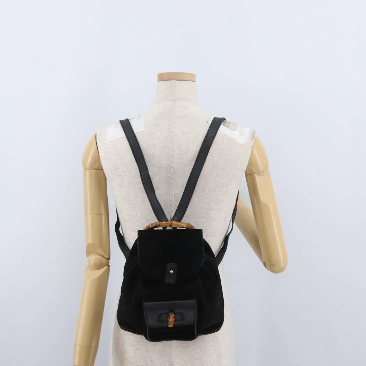 GUCCI Bamboo Backpack Leather Black Gold 003 3444 0030 Auth LNZ554