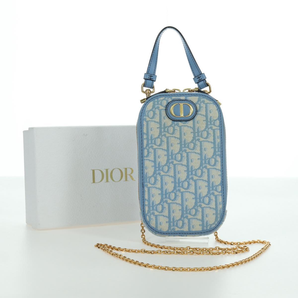 Christian Dior Trotter Canvas Phone Holder Chain 2way Light Blue Auth LNZ570SAM