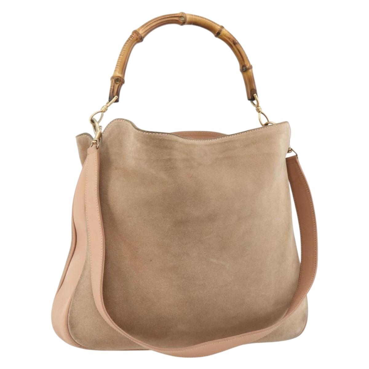 GUCCI Bamboo Shoulder Bag Suede 2way Beige Gold 001 2123 1577 Auth LNZ597
