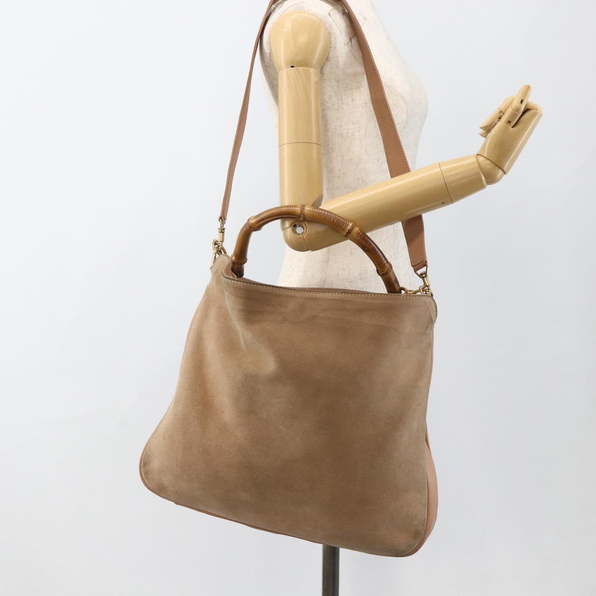GUCCI Bamboo Shoulder Bag Suede 2way Beige Gold 001 2123 1577 Auth LNZ597