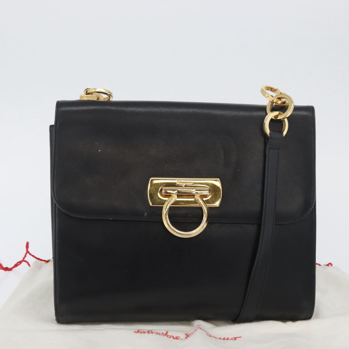 Salvatore Ferragamo Gancini Shoulder Bag Leather Black Gold Auth LNZ598