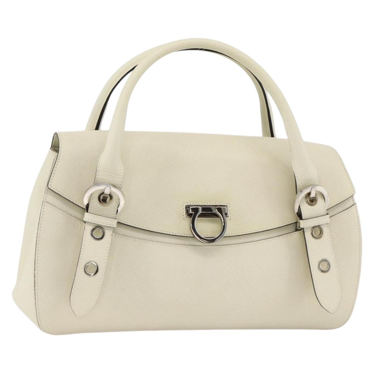 Salvatore Ferragamo Gancini Hand Bag Leather Ivory Silver Auth LNZ599A