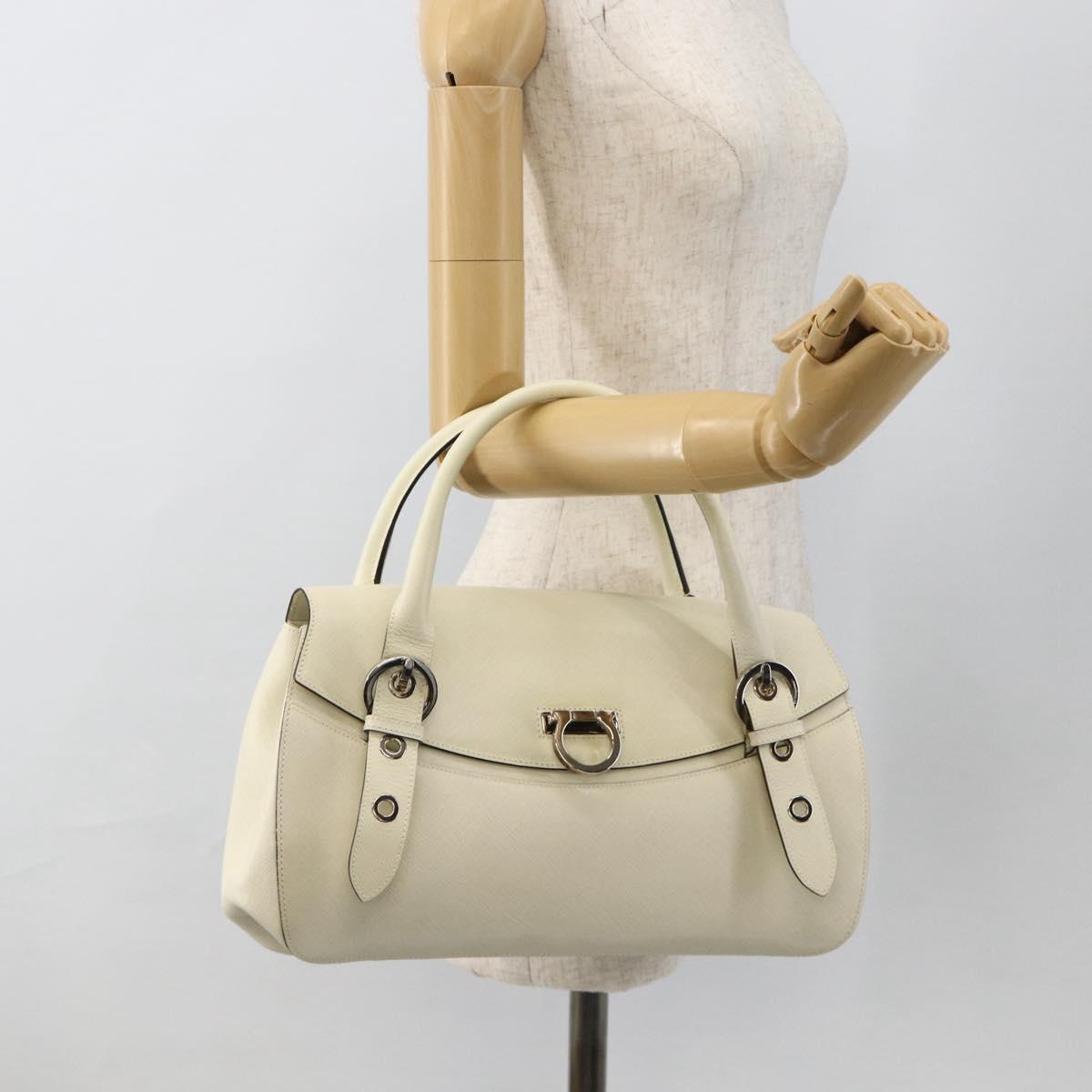 Salvatore Ferragamo Gancini Hand Bag Leather Ivory Silver Auth LNZ599A
