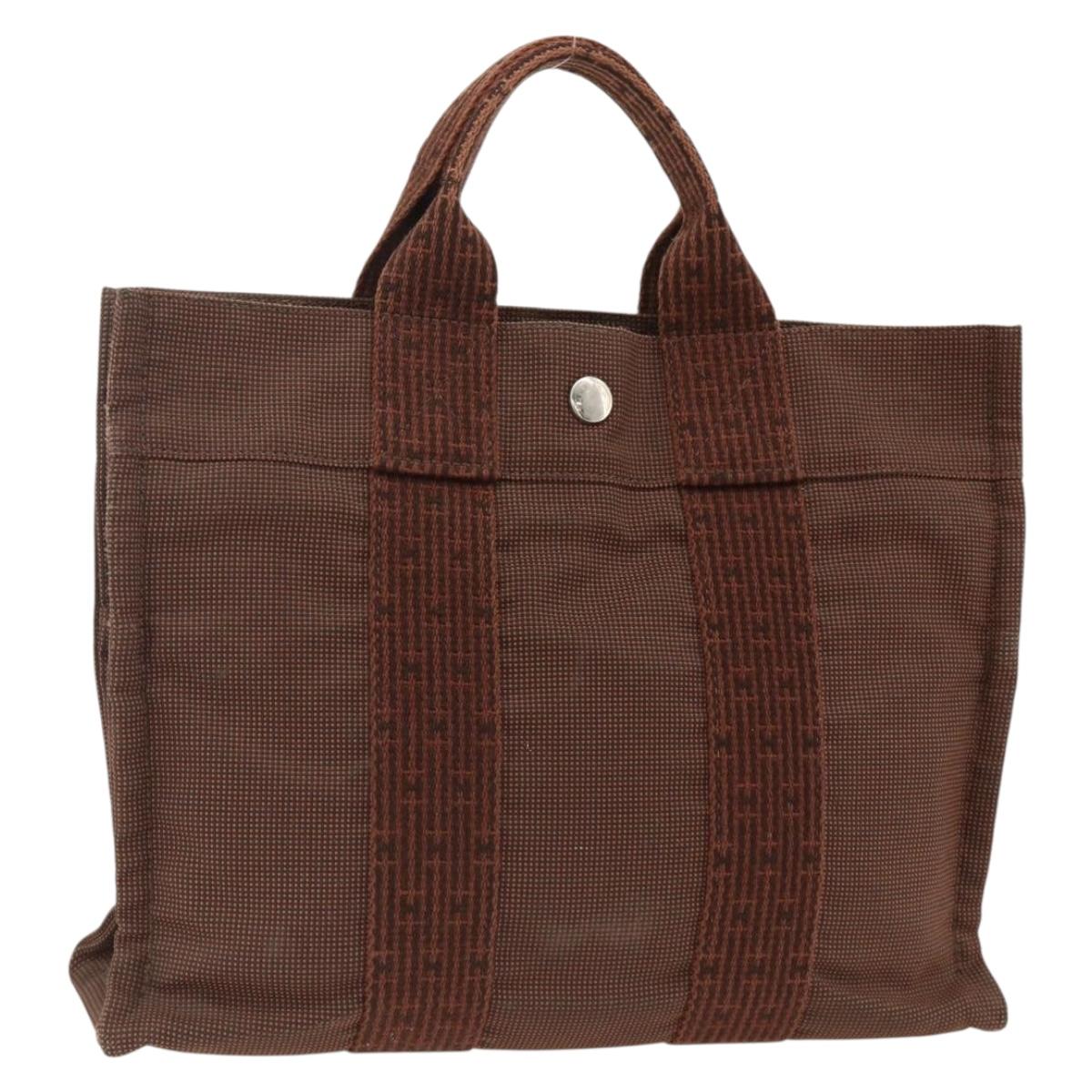 HERMES Her Line PM Tote Bag Canvas Brown Silver Auth LNZ607A