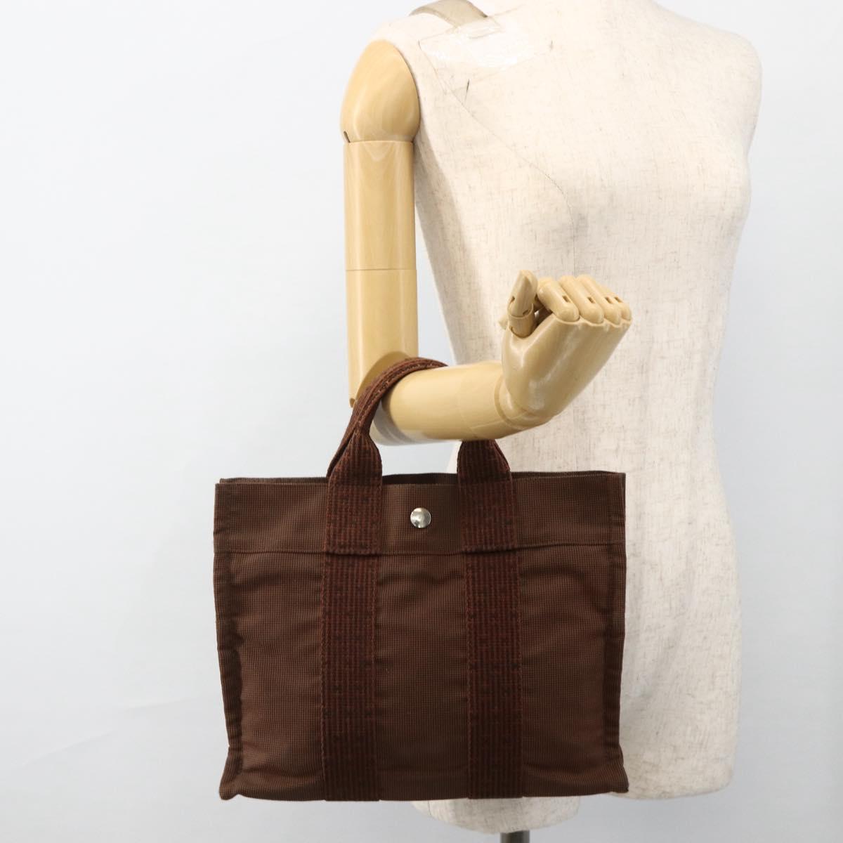 HERMES Her Line PM Tote Bag Canvas Brown Silver Auth LNZ607A