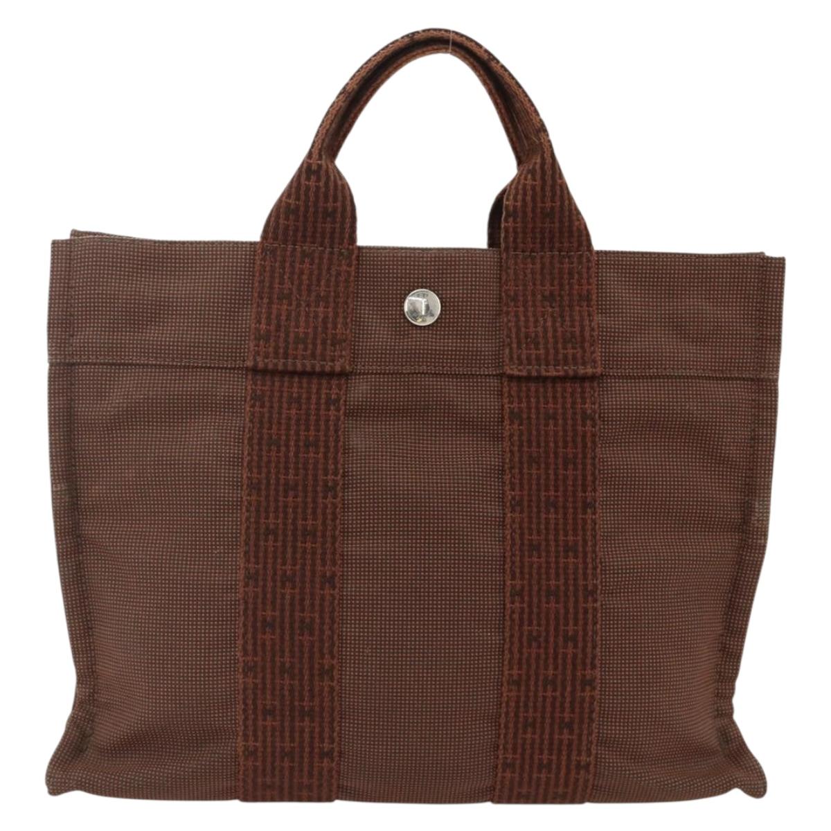 HERMES Her Line PM Tote Bag Canvas Brown Silver Auth LNZ607A