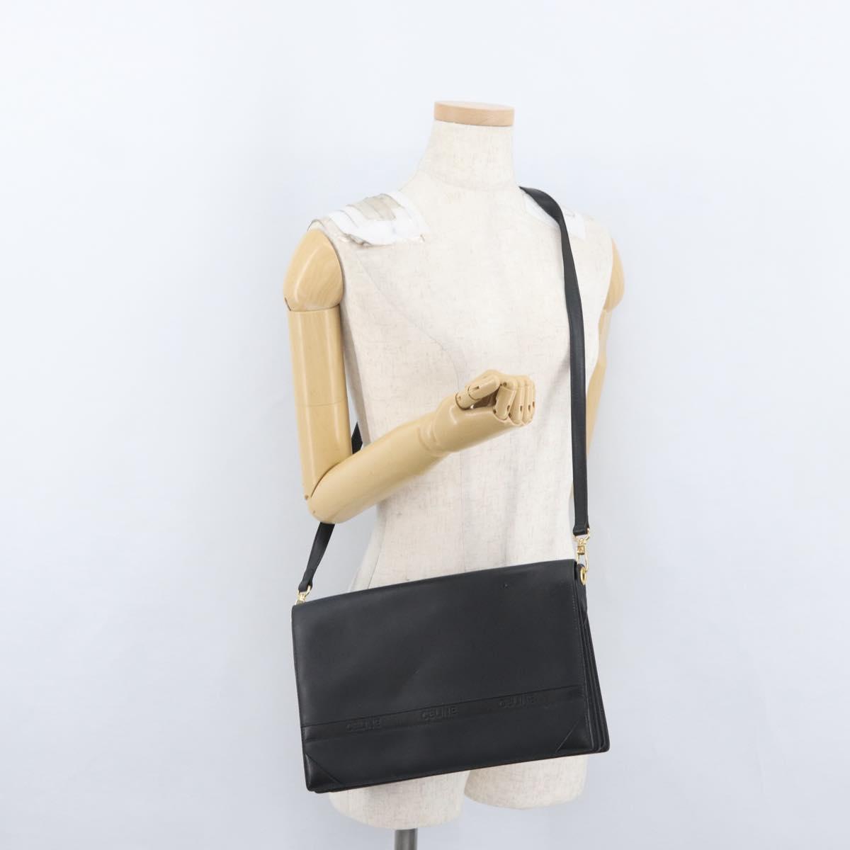 CELINE Shoulder Bag Leather Black Gold Auth LNZ656