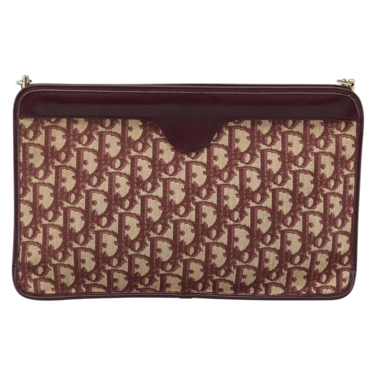 Christian Dior Trotter Canvas Chain Shoulder Bag Red Gold Auth LNZ657