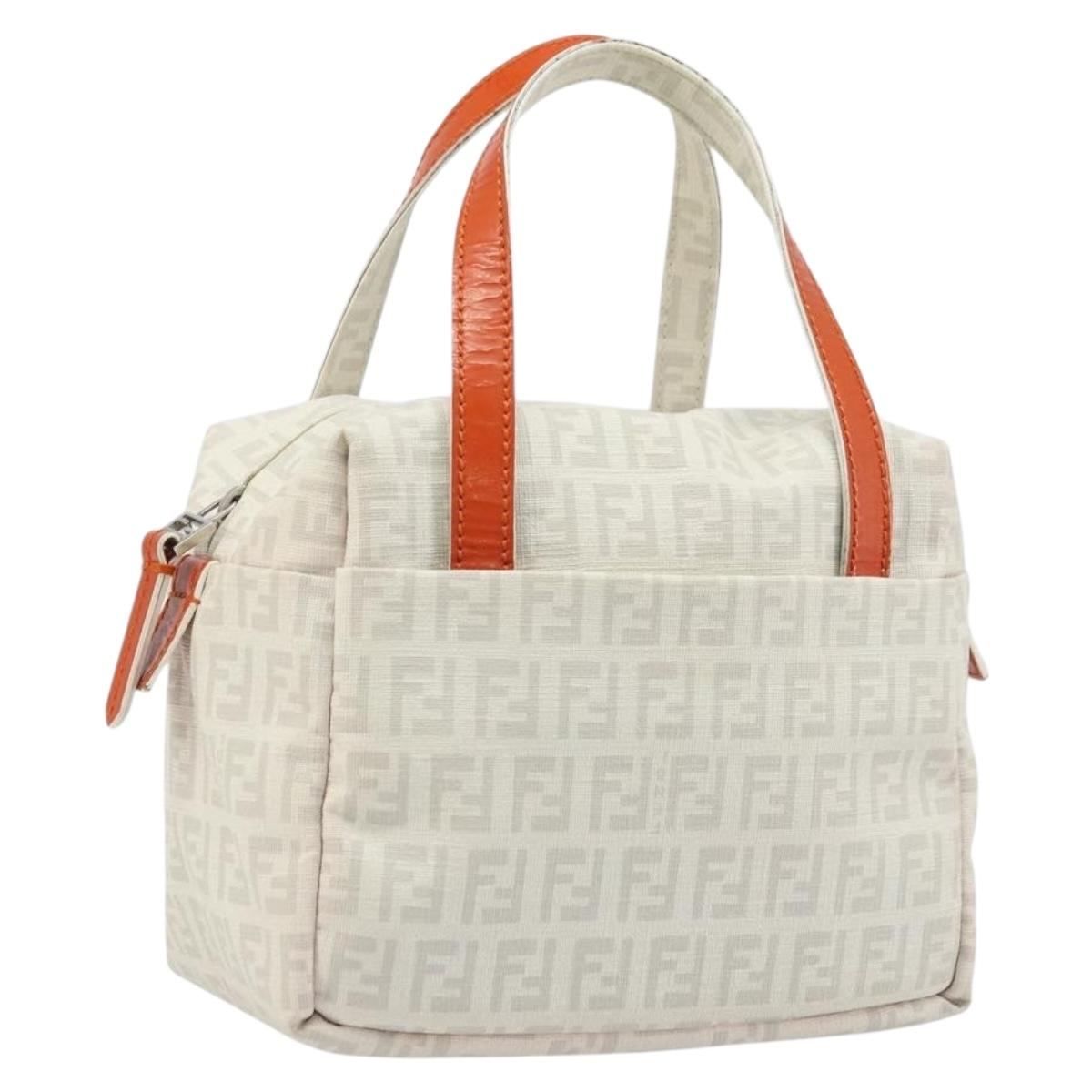 FENDI Zucchino Canvas Hand Bag PVC White Silver Auth LNZ675