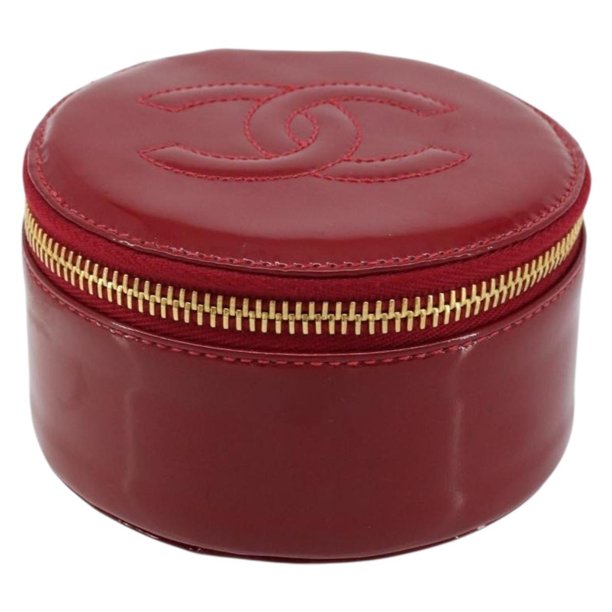 CHANEL COCO Mark Jewelry Case Patent leather Red Gold CC Auth LNZ684V