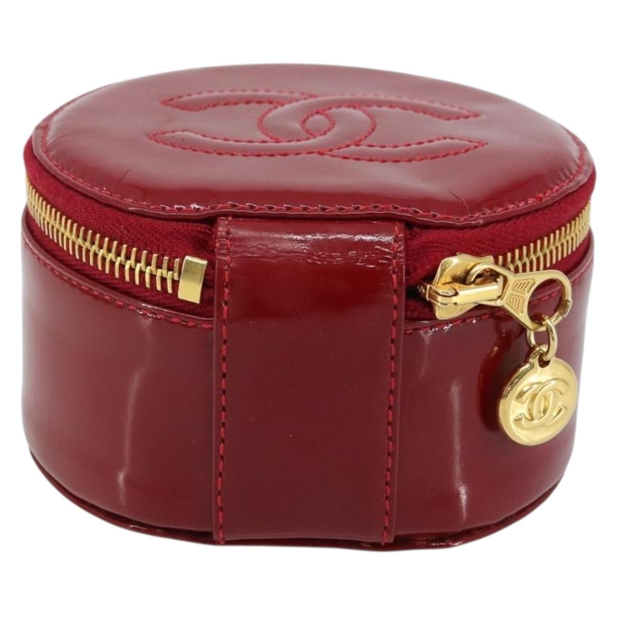 CHANEL COCO Mark Jewelry Case Patent leather Red Gold CC Auth LNZ684V