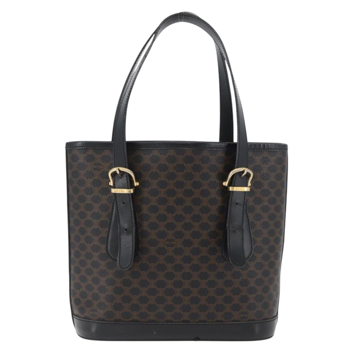 CELINE Macadam Canvas Tote Bag PVC Leather Black Gold Auth LNZ687